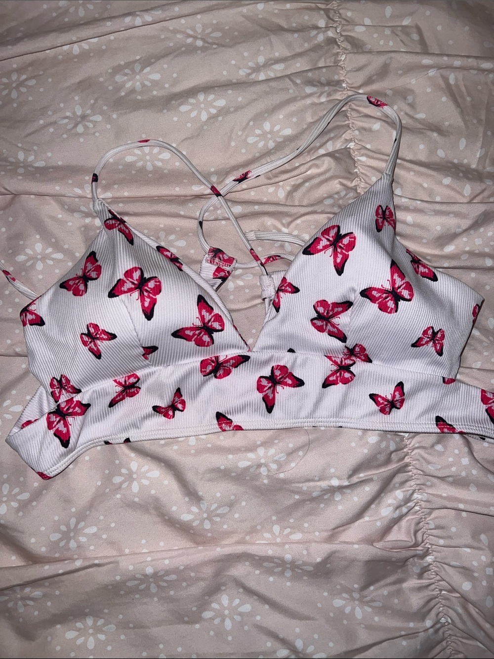 Pink Butterfly Print Ribbed swim top